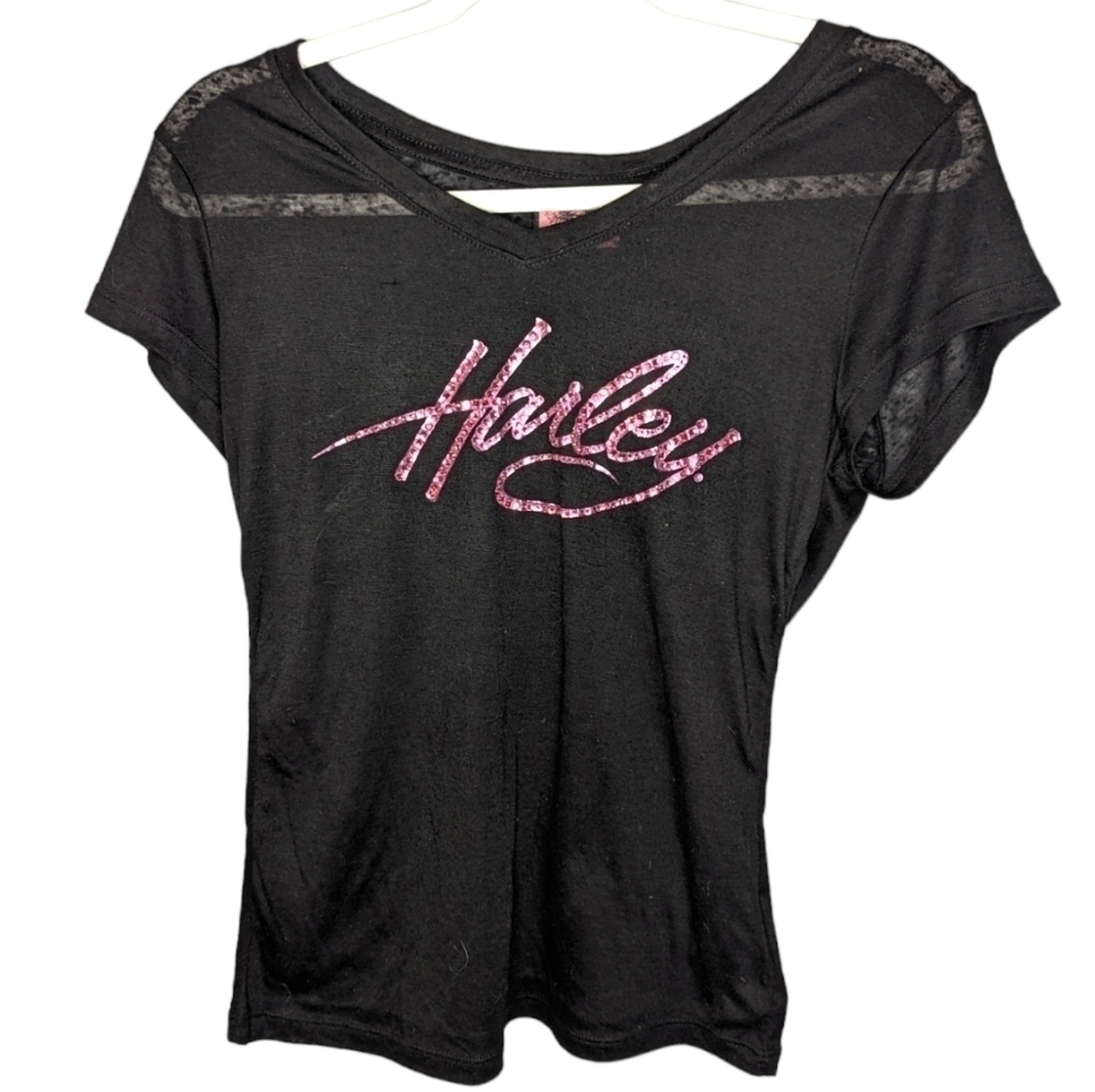 Harley Davidson Woman's sequins logo short sleeve biker Top Size Small